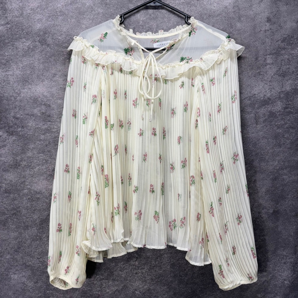 Topshop Chiffon Pleated Peasant Blouse Top Womens 10 Cream Pink Floral Fairy